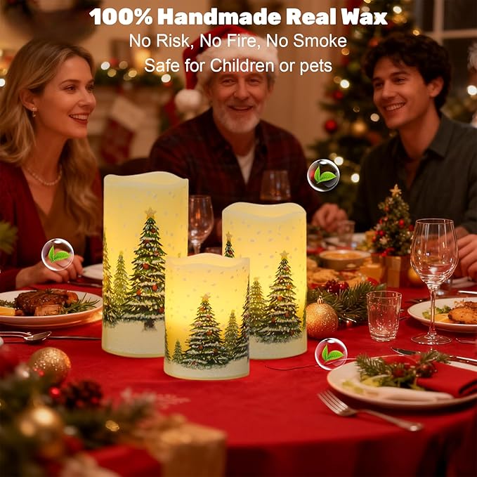 Wondise Flameless Flickering Pillar Candles with Remote Timer, Real Wax Battery Operated Christmas Tree Pine Tree Decal LED Candle for Christmas Decoration Gifts, Set of 3(D3 x H4/5/6 Inch)