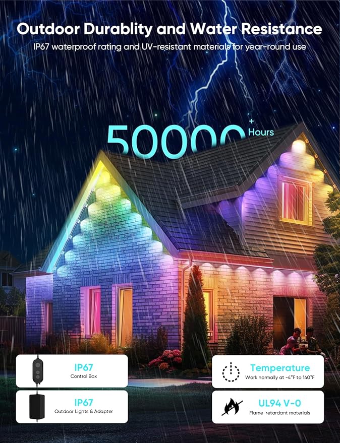 APPECK Permanent Outdoor Lights Pro 100ft, 72W RGBCW Eaves Lights with 72 LED Lights, 80lm, Cuttable, 111 Scene Modes, IP67 Waterproof Lighting for Halloween Decoration, Compatible with Alexa, Black