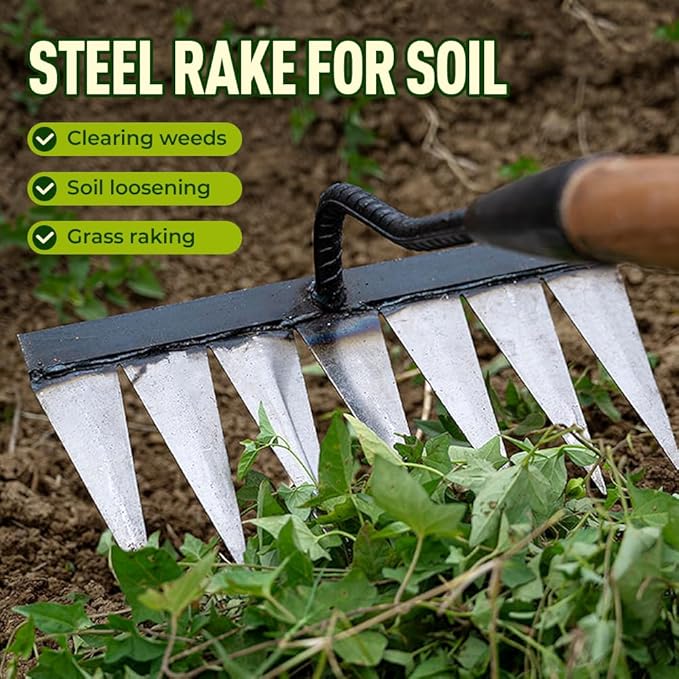 Carbon Steel Garden Hand Rake, 2026 New Garden Hand Rake Tool Carbon Steel 5/6/7/8 Teeth, Heavy Duty Weed Remover Tool Garden Weed Pulling Tool for Yard, Farm, Soil & Lawn Care (5 Teeth)
