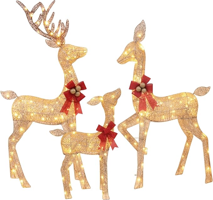 3-Piece Lighted Christmas Deer Family - HOLILITE 4.5ft 3D Pre-Lit Reindeer Outdoor Decorations with 210 LED Lights, Yard/Garden/Patio Holiday Display - Gold