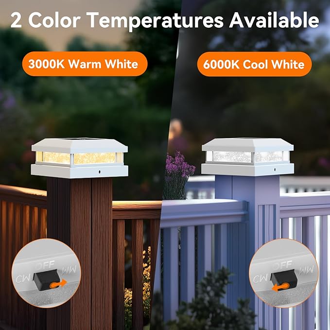 Brightever 4x4 Solar Light Outdoor 4 Packs, Waterproof Solar Powered Post Cap Light for 5x5 Vinyl/Wooden Post with Warm/Cool Lighting, White 16LEDs Deck Cap Lights for Outside, Garden, Patio, Porch