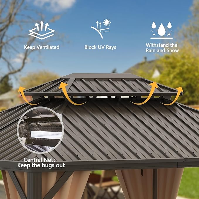 Domi 8'x10' Hardtop Gazebo Canopy Metal,Outdoor Metal Gazebo with Galvanized Steel Double Roof,Curtain and Netting,Permanent Gazebos Pavilion for Patio Deck,Backyard