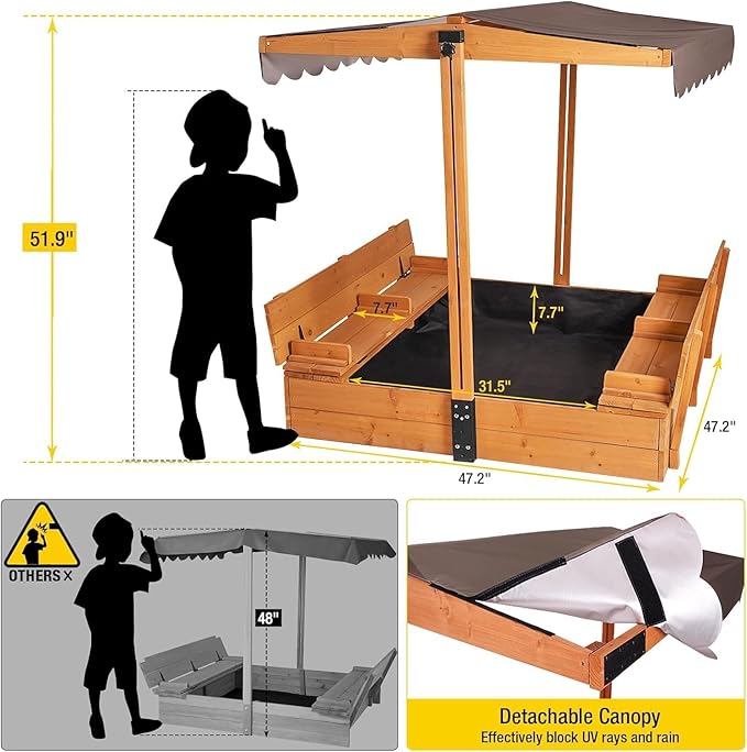 Aivituvin Kids Sand Boxes with Canopy Sandboxes with Covers Foldable Bench Seats, Children Outdoor Wooden Playset - Upgrade Retractable Roof (47x47Inch)