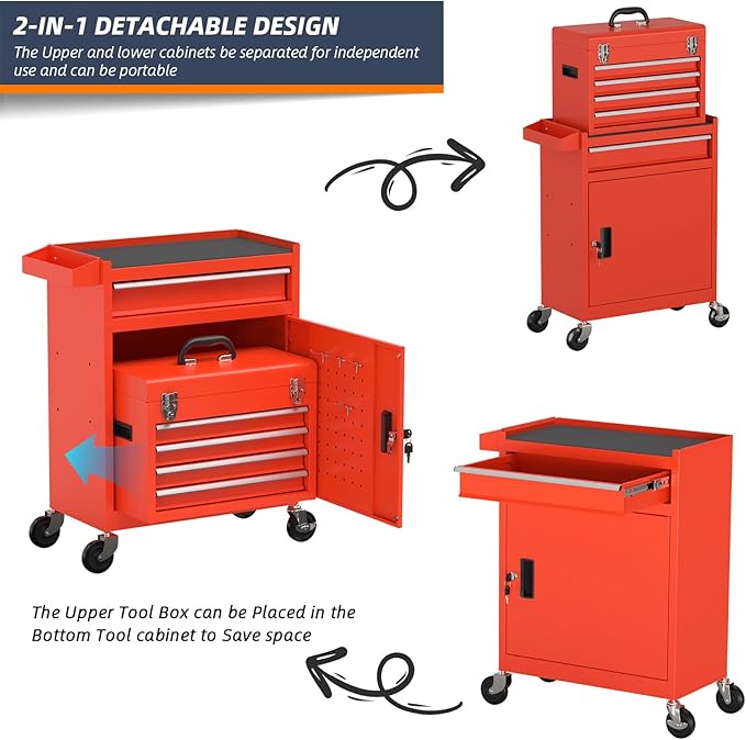 5-Drawer High Capacity Rolling Tool Box, Removable Cabinet Storage Tool Chest with Wheels and Drawers, Detachable Toolbox with Lock for Mechanics Garage Workshop and Tool Room (Red)