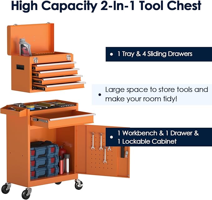 5-Drawer Rolling Tool Chest, High Capacity Removable Tool Storage Cabinet, Detachable Toolbox with Lock for Garage Warehouse and Tool Room (Orange)