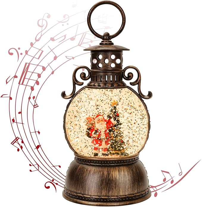 Snow Globe Lighted Christmas Decorations,Christmas Snow Globe Lantern with Musical, Retro Style Holiday Glitter Globe for Xmas Home Decoration Gifts