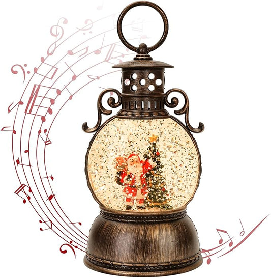 Snow Globe Lighted Christmas Decorations,Christmas Snow Globe Lantern with Musical, Retro Style Holiday Glitter Globe for Xmas Home Decoration Gifts