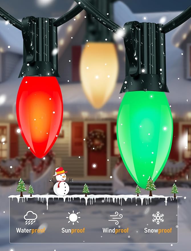 C9 LED Christmas Lights Outdoor 25Ft Outdoor Christmas Decorations String Light Waterproof with 26 C9 LED Multicolor Bulbs, Hanging Vintage Christmas Lights for Patio Roofline Garden Holiday Party