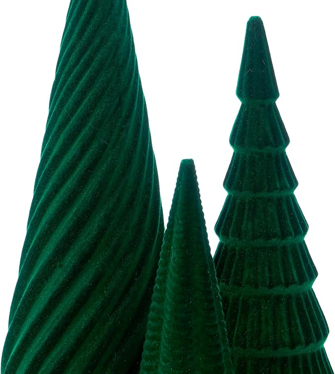 DN DECONATION Set of 3 Flocked Velvet Christmas Trees, Green Tabletop Xmas Tree Decor with Pine, Swirl & Wave Designs Mini Christmas Figurines for Mantel, Desk, Holiday Centerpiece