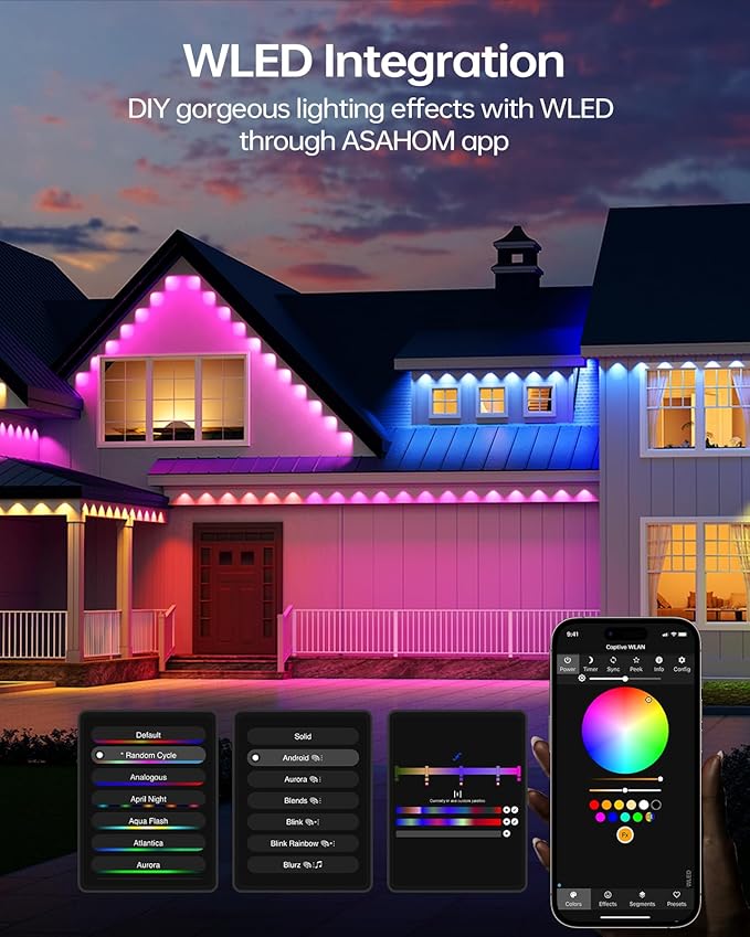 ASAHOM Permanent Outdoor Light Pro S108C, 150FT with 108 RGBCW 70lm LED, WLED Integration, AI Lighting, 30000 Lighting Effect Combination, IP67 Waterproof for Christmas New Year Daily Decor, Black