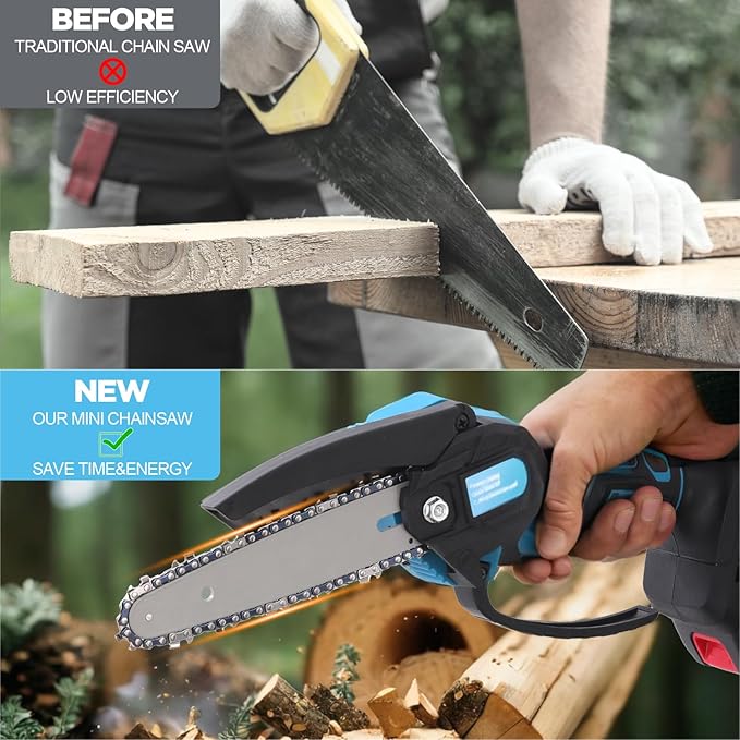 6 Inch Mini Chainsaw Cordless - Powerful 850W Electric Chainsaw with Dual 21V Batteries, LED Light, Safety Features, Ideal for Garden, DIY, and Wood Cutting