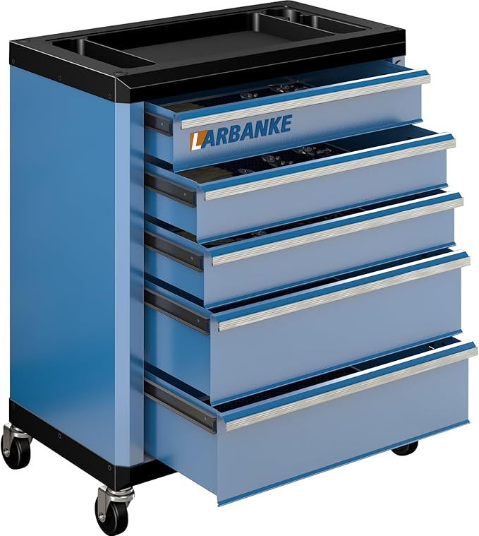 LARBANKE 5-Drawer Rolling Tool Chest with 360¡Æ Wheels and Lock&Keys,Tool Cabinet with Non-slip Pearl Cotton Mat and Multifunctional Countertop,Connecting Rods Can Be Connected with 7-Drawer Tool Chest