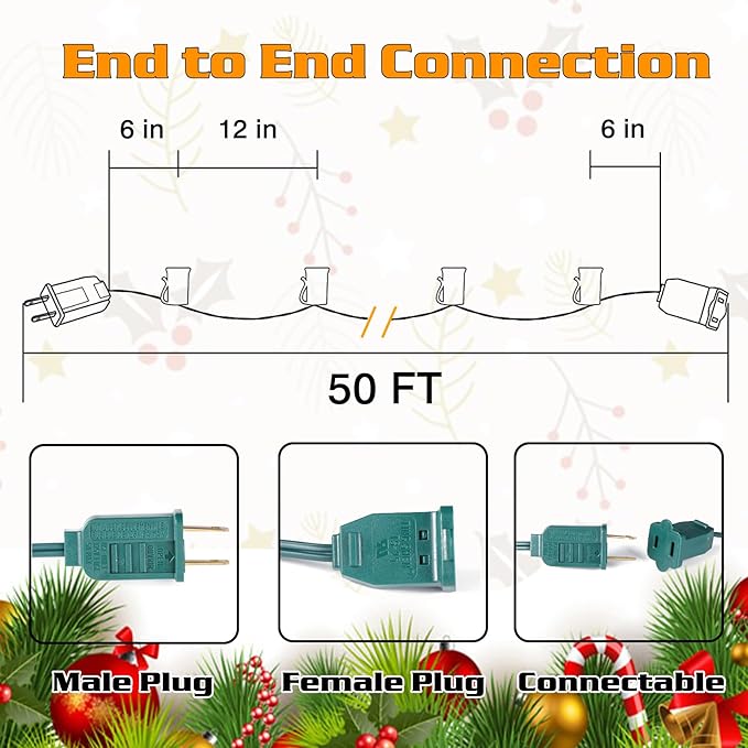 50FT C9 Light String Christmas Stringer, E17 Light Sockets 12" Spacing, C9 Stringer Set Green Outdoor String Lights Strand for Wedding Patio Event Lighting Decor, Green Wire