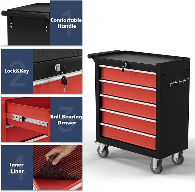 5-Drawer Tool Chest,Rolling Tool Cart with Wheels,High Capacity Tool Cabinet with Locking System for Garage, Warehouse, Workshop-Black&Red