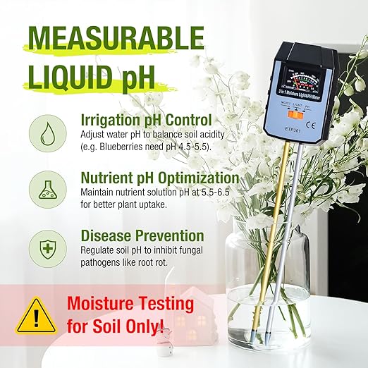 ALLOSUN Soil Moisture Meter for Plants, 4 in 1 Soil pH Tester/pH Meter for Water/Light Meter for Plants, Indoor, Garden, Farm, Lawn, No Battery Required