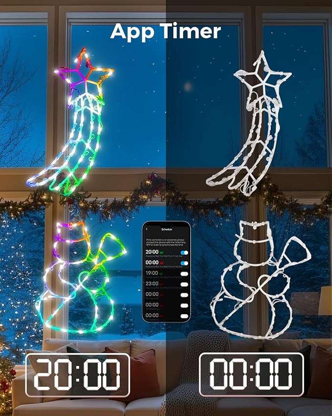 12'' Smart Christmas Window Lights 4 Pack, Color Changing Window Silhouette Lights, Timer, App Control, Music Sync, Xmas Trees, Snowmen, Star, Lighted Christmas Decorations for Indoor Outdoor
