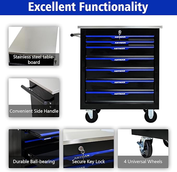 RYH 4/5/6/7 Drawers Rolling Tool Chest -Heavy Duty Mobile Metal Tool Box with Locking Wheels, with Stainless Steel Worktop, Garage Tool Storage Cabinet (Black-Blue, 7-Drawers 30.7 H¡¿25.9 W)
