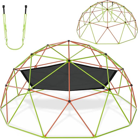 Jungle Gym 10FT X 10FT Climbing Dome with Swing & Hammock Outdoor Playset Support Up to 1000LBS Anti-Rust, Easy Assembly for Boys and Girls