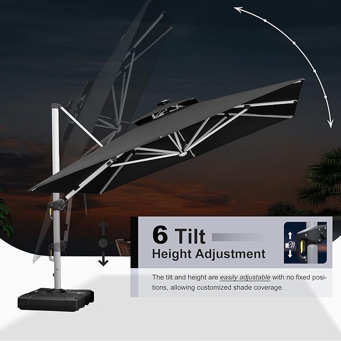 PURPLE LEAF 9' X 12' Double Top Deluxe Solar Powered LED Rectangle Patio Umbrella Offset Hanging Umbrella Outdoor Market Umbrella Garden Umbrella, Black