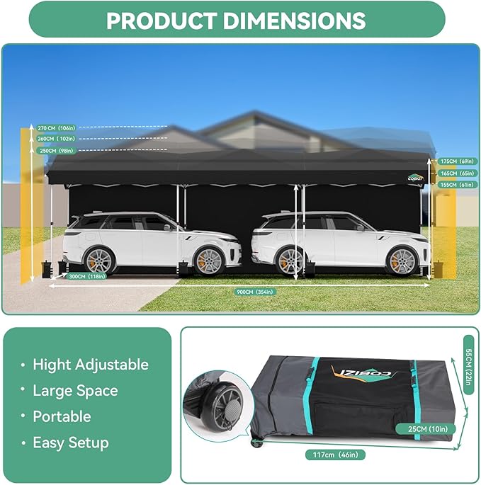 COBIZI 10x30 Pop Up Canopy with One Button Push Center Lock,Ez Up Portable Carport with 3 sidewalls,Waterproof UV50+ Outdoor Party Commercial Carport Canopy Gazebos with Roller Bag(10 x 30 ft Black)