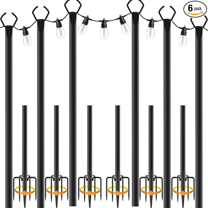 6 Pack String Light Poles,10 Ft Light Poles for Outside String Lights,Outdoor Lights Pole with Fork,Metal Poles Stand for Patio Deck Backyard