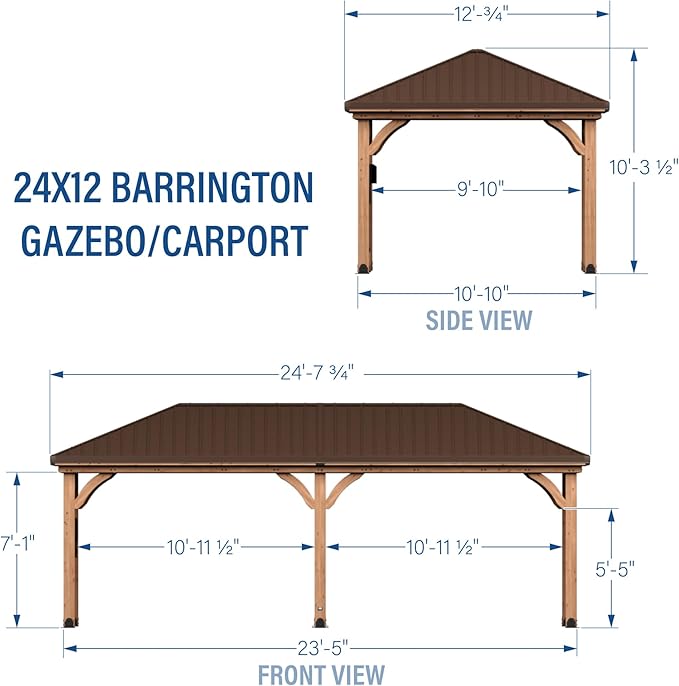 Backyard Discovery Barrington 24' x 12' Cedar Wood Outdoor Gazebo Pavilion with Hardtop Galvanized Steel Hip Roof, Snow Support, Wind Resistance, PowerPort, Shade for Garden, Patio, Deck, Entertaining