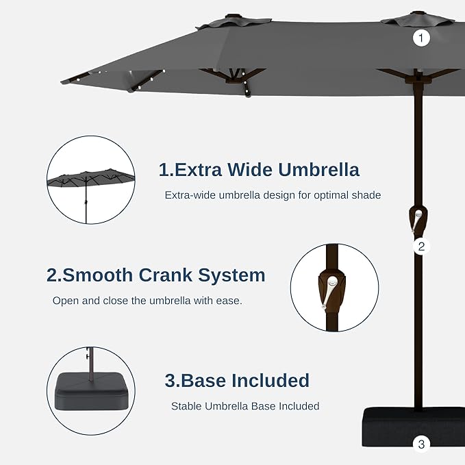 13FT Double-Sided Patio Umbrella with 48 Solar LED Lights, Large Rectangular Outdoor Market Umbrella with Crank Handle, Vented Canopy, Heavy-Duty 12 Rib Steel Frame, for Backyard, Garden, Pool, Grey
