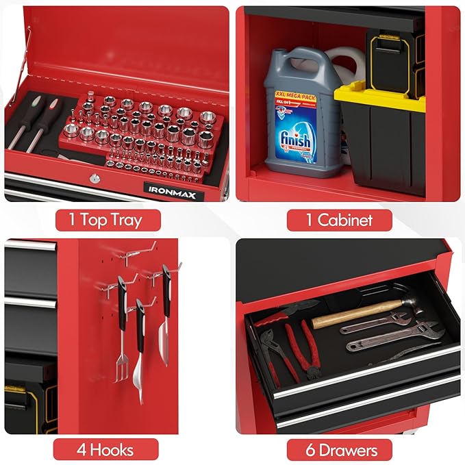 IRONMAX Tool Cabinet on Wheels, 6-Drawer Lockable Rolling Tool Chest w/ 4 Universal Wheels, 2 in 1 Detachable Tool Box Storage Organizer for Garage Workshop Repair Shop, Black & Red
