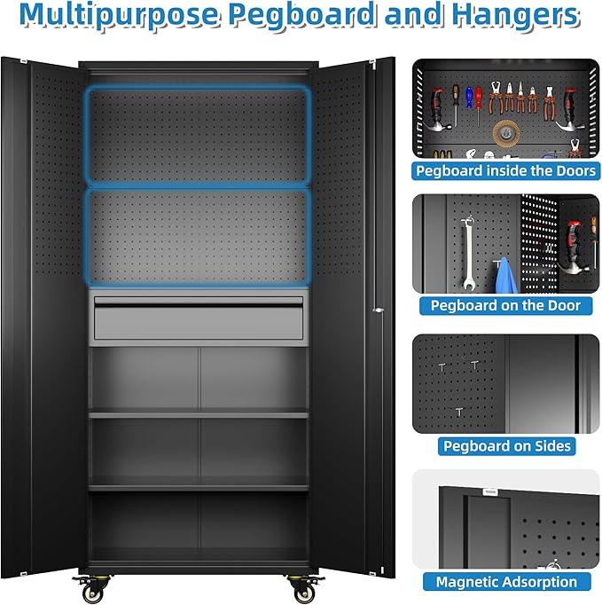 Aobabo 71 H Metal Storage Cabinet with Wheels with 5 Pegboards and 1 Drawer,Lockable Steel Tool Cabinet for Garage,Warehouse,Assembly Required,Black