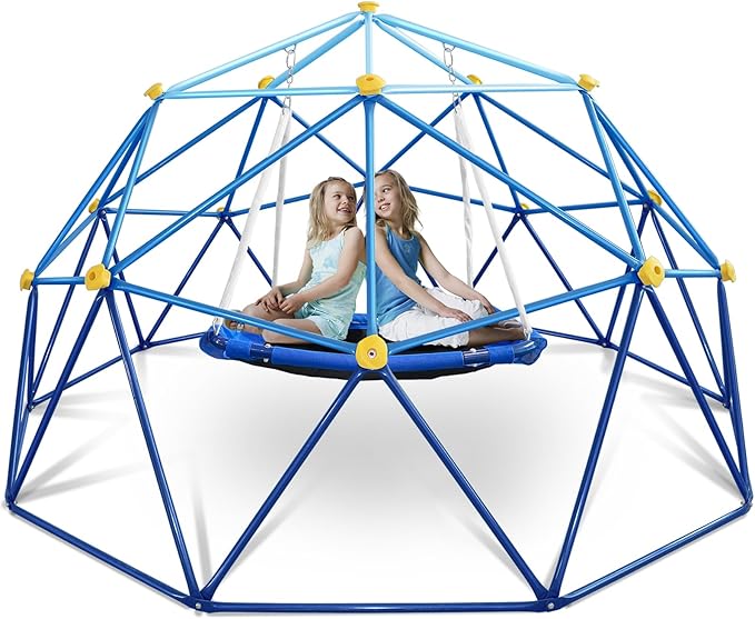 10FT Climbing Dome with Saucer, 800LBS Capacity Blue Jungle Gym for Kids Ages 4-8, Kids Climbing Toys for Outdoor Playground