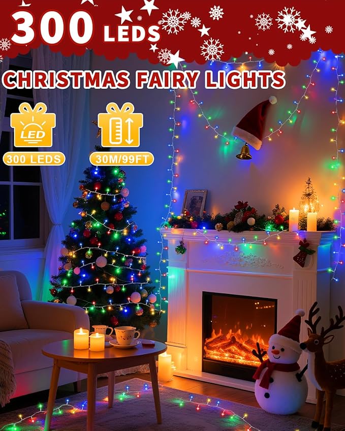 Christmas Lights String Outdoor Indoor, 300 LED 108FT Multicolor Xmas Tree Decorations Lights, Plug in Twinkle Fairy Light with Remote Timer Dimmable for Room Yard Holiday Party Wedding Camping Decor