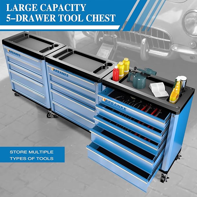 LARBANKE 5-Drawer Rolling Tool Chest with 360¡Æ Wheels and Lock&Keys,Tool Cabinet with Non-slip Pearl Cotton Mat and Multifunctional Countertop,Connecting Rods Can Be Connected with 7-Drawer Tool Chest