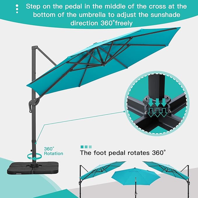Sunnyglade 11Ft Cantilever Patio Umbrella Deluxe Offset Umbrella 360°Rotation & Integrated Tilting System Heavy Duty Patio Hanging Umbrella for Market Garden Deck Pool Backyard Patio (Blue, 11 ft)