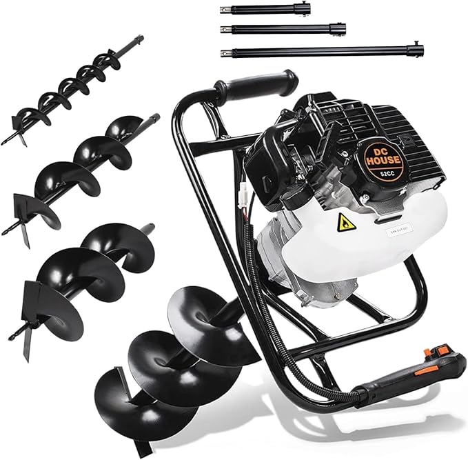 DC HOUSE 52cc 1800W Gas Powered Earth Auger EPA Certified Post Hole Digger, with 3 Drill Bits 6 10 12 and 3 Extension Rods 8 12 20, Mixing Ratio 30:1, for Fence, Farmland and Garden