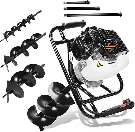 DC HOUSE 52cc 1800W Gas Powered Earth Auger EPA Certified Post Hole Digger, with 3 Drill Bits 6 10 12 and 3 Extension Rods 8 12 20, Mixing Ratio 30:1, for Fence, Farmland and Garden