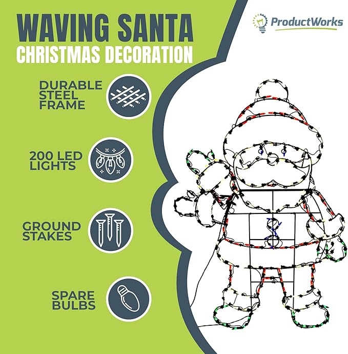 PRODUCTWORKS Pro-Line 48 Inch Waving Santa Indoor/Outdoor Christmas Yard Decoration, 200 Animated LED Multi-Color Lights