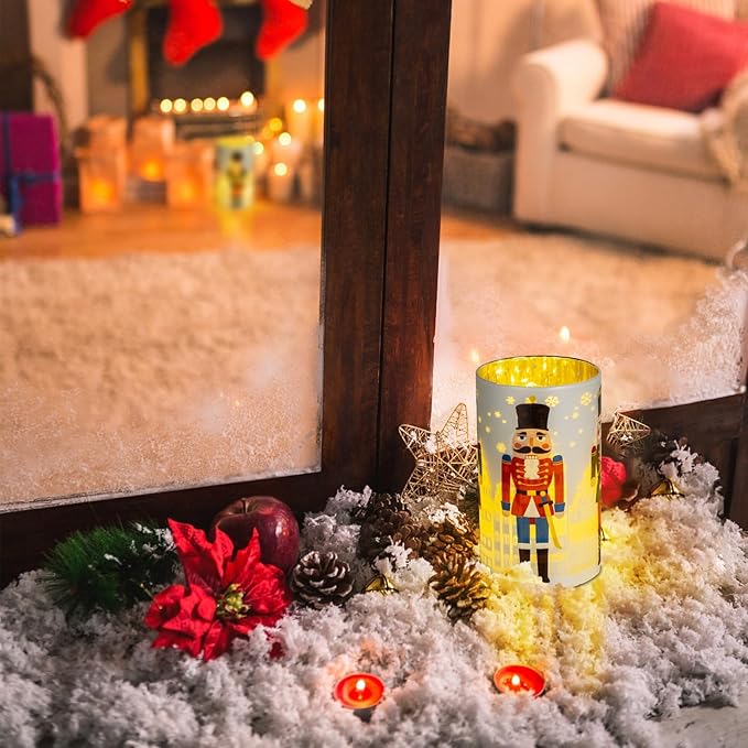 Christmas Decorations Indoor,Battery Operated Mercury Glass Latern,LED Lights Cylinder with Nutcracker Patterns,Christmas Decor for Table,Gifts for Kids (Nutcracker White)