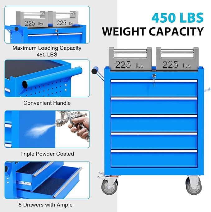 5 Drawers Rolling Tool Chest, Portable Storage Tool Box with Wheels, Tool Chest with Lock for Warehouse, Garage, Repair Shop and Tool Room (Blue)