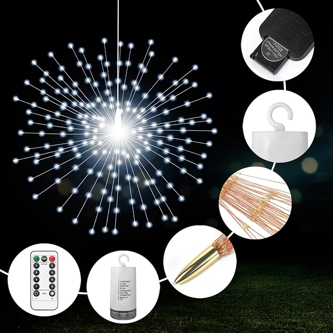 2 Pack Starburst Sphere Lights,200 LLED Firework Lights, 8 Modes Dimmable Remote Control Waterproof Hanging Fairy Light, Copper Wire Light for Patio Parties Christmas (White)