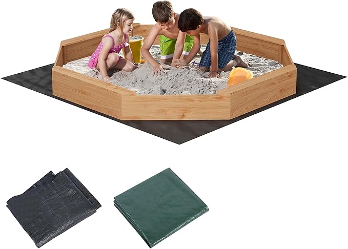 Octagonal Cedar Kids Sandbox with Bench Seats, Protective Cover & Liner ? Outdoor Wooden Sandpit for Backyard Play