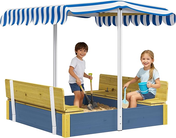 Kids Sandbox with Lid, Wooden Sand Box with Cover Adjustable Canopy, Storage,and Bottom Liner, for Backyard Outdoor Playgrounds Equipment Ages 4-8