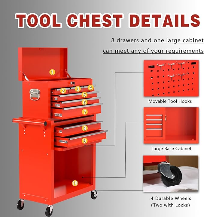 8-Drawer Rolling Tool Chest, High Capacity Removable Tool Storage Cabinet, Detachable Toolbox with Lock for Garage Warehouse and Tool Room (Red)