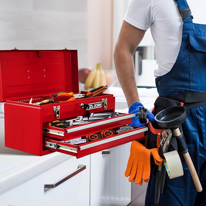 20.3¡° Metal Tool Box with Drawer Portable Steel Tool Box with Liner and Latch Closure and Lock for Garage, Home and Warehouse (Red-2 Drawers)