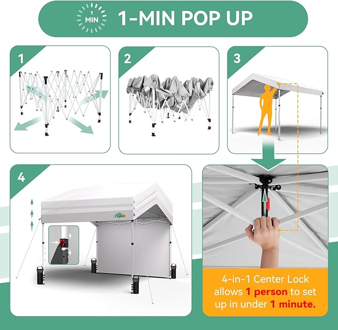 COBIZI 10x10 Pop Up Canopy with One Button Push Center Lock,Ez Up Portable Carport with 1 sidewall,Waterproof UV50+ Outdoor Party Commercial Carport Canopy Gazebos with Carry Bag(10 x 10 ft White)