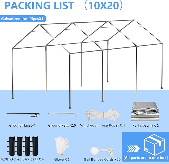 Carport 10x20 FT Enclosed Carport with Roll-up Windows, Portable Garage with Removable Sidewalls & Doors, Car Canopy Tent with Sandbags All-Season Tarp for Car Boat Truck Motorcycle