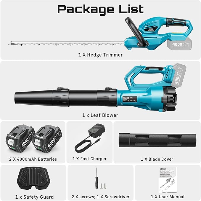 SEESII Cordless Hedge Trimmer and Leaf Blower Combo, 2 Pcs 4.0Ah Batteries, Electric Handheld Bush Trimmer with 20 Dual-Action Blade, Lightweight Brushless Blower with 2 Speed Modes for Yard Garden