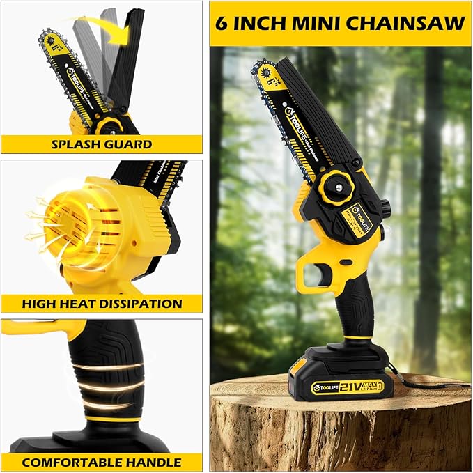 Mini Chainsaw Cordless, 6" Handheld Electric Portable Chain Saw, 21V Rechargeable Battery Powered, Christmas Gifts for Dad, 50, 60, Stocking Stuffer for Men Husband Grandpa, Yard, Garden Tools