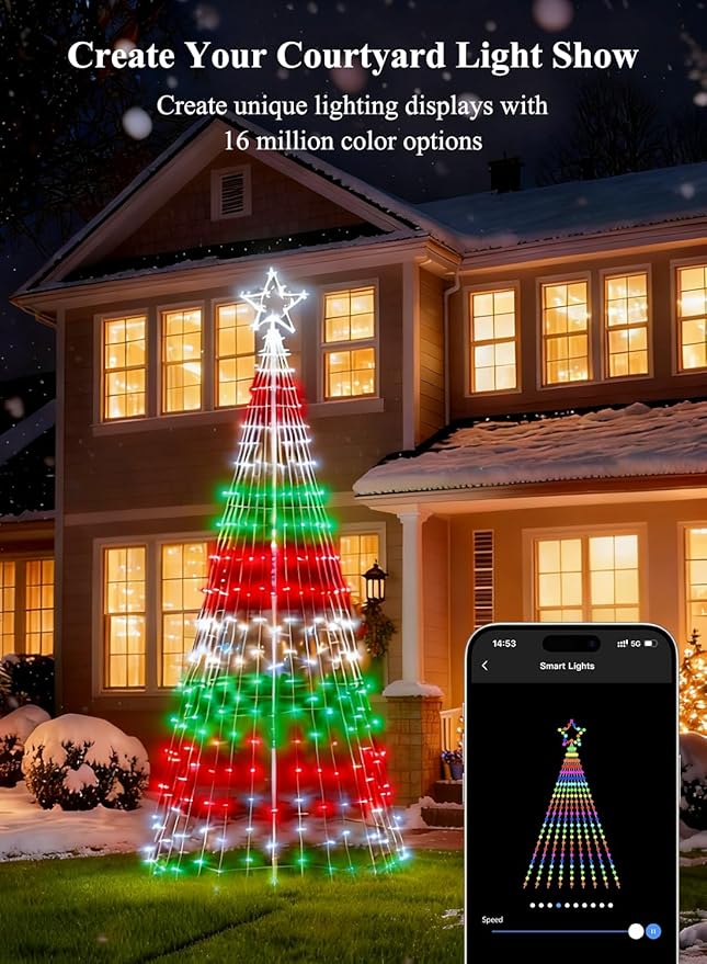 17FT Christmas Tree Lights with 564 LEDs, RGB Color Changing String Lights with Remote & Smart App Control, 52+ Modes, IP67 Waterproof Waterfall Lights with Pole for Xmas Outdoor Decorations