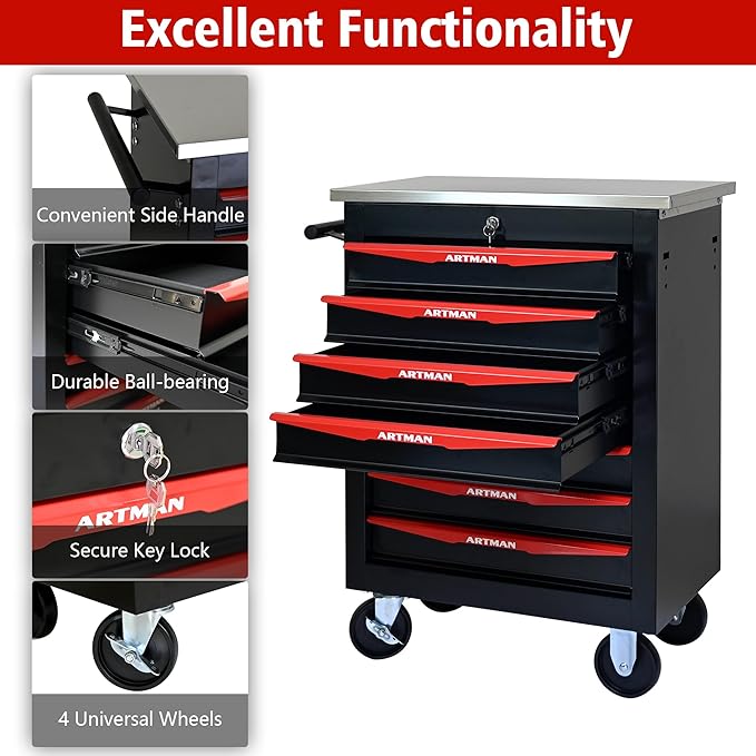 RYH 4/5/6/7 Drawers Rolling Tool Chest -Heavy Duty Mobile Metal Tool Box with Locking Wheels, with Stainless Steel Worktop, Garage Tool Storage Cabinet (Black, 7-Drawers 30.7 H¡¿22.2 W)