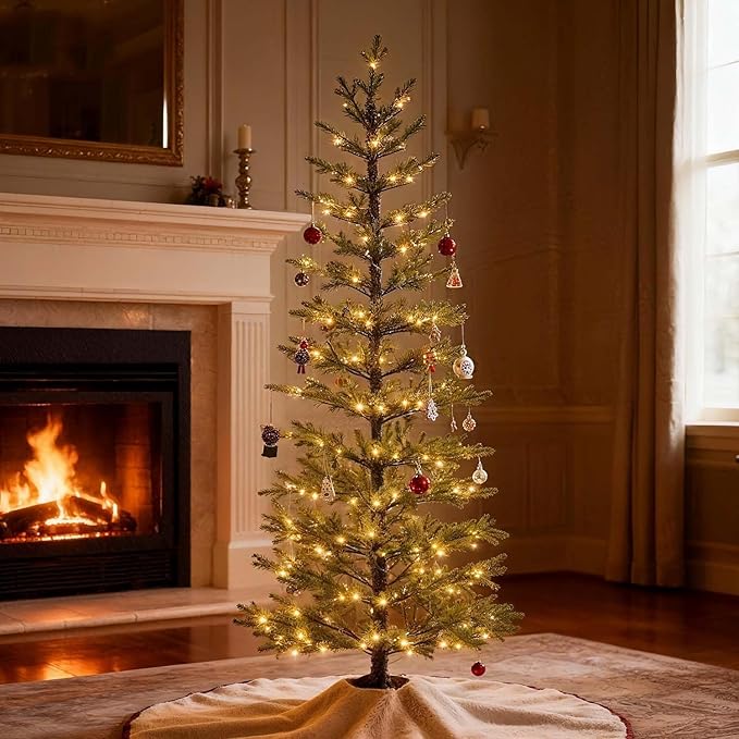 7.5FT 180 LED Minimalist Pre-Lit Slim Pencil Artificial Christmas Tree with Warm White Lights Scandinavian Style Decor Indoor Holiday Decoration Modern Xmas Tree